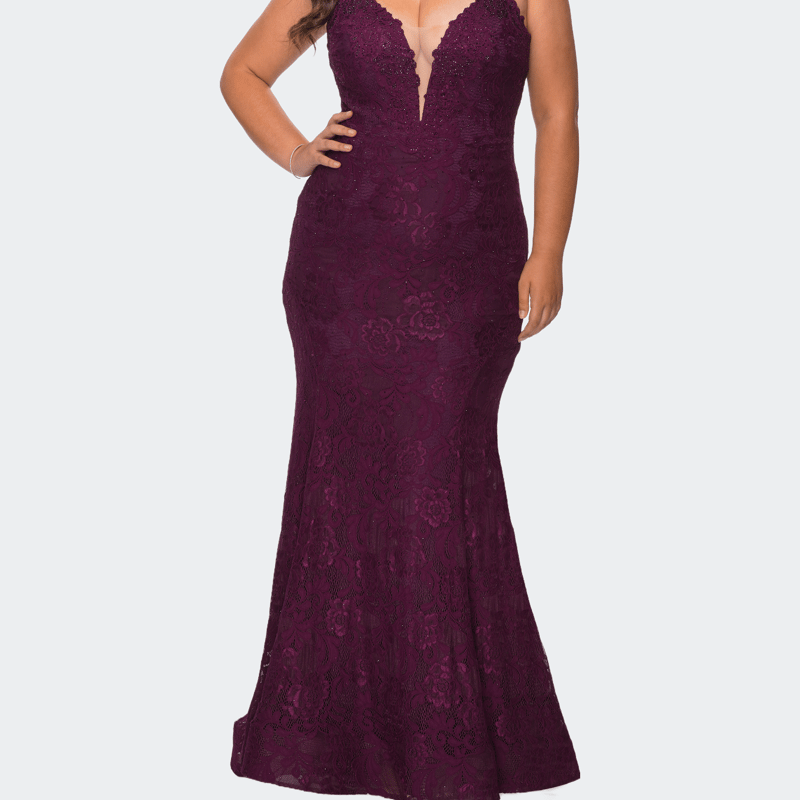 La Femme Plus Size Dress Lace Fitted Long Gown In Dark Berry