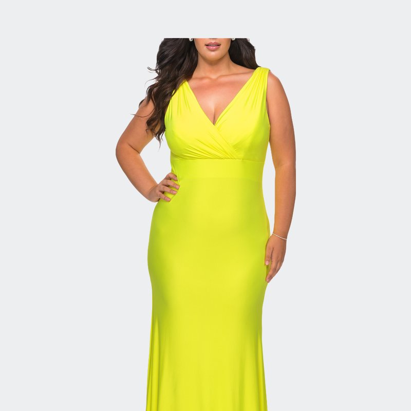 Shop La Femme Plus Size Jersey Dress With Faux Wrap Bodice In Yellow
