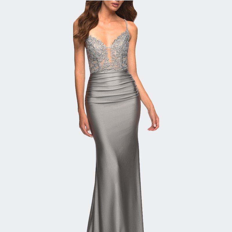 La Femme Prom Dress With Beautiful Lace Bodice And Jersey Skirt In Silver
