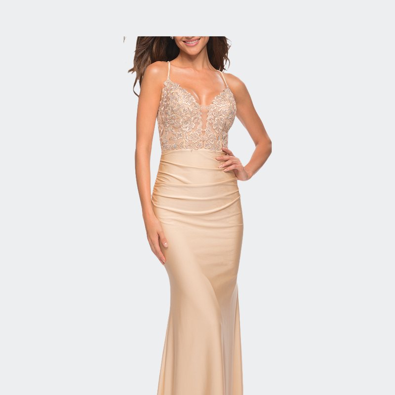 Shop La Femme Prom Dress With Beautiful Lace Bodice And Jersey Skirt In Gold