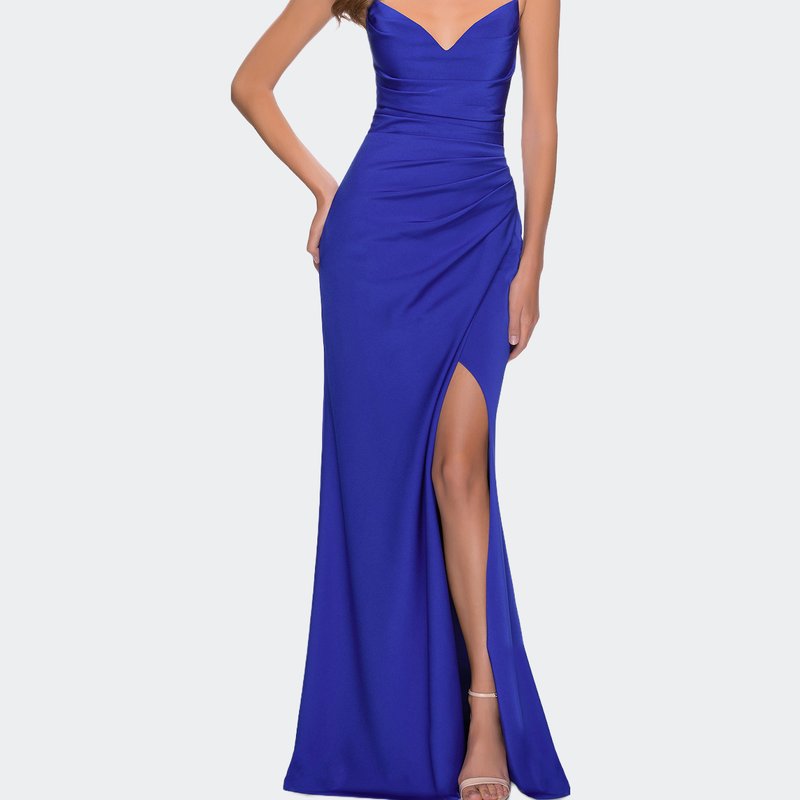 La Femme Ruched Jersey Gown With Intricate Lace Up Back In Blue