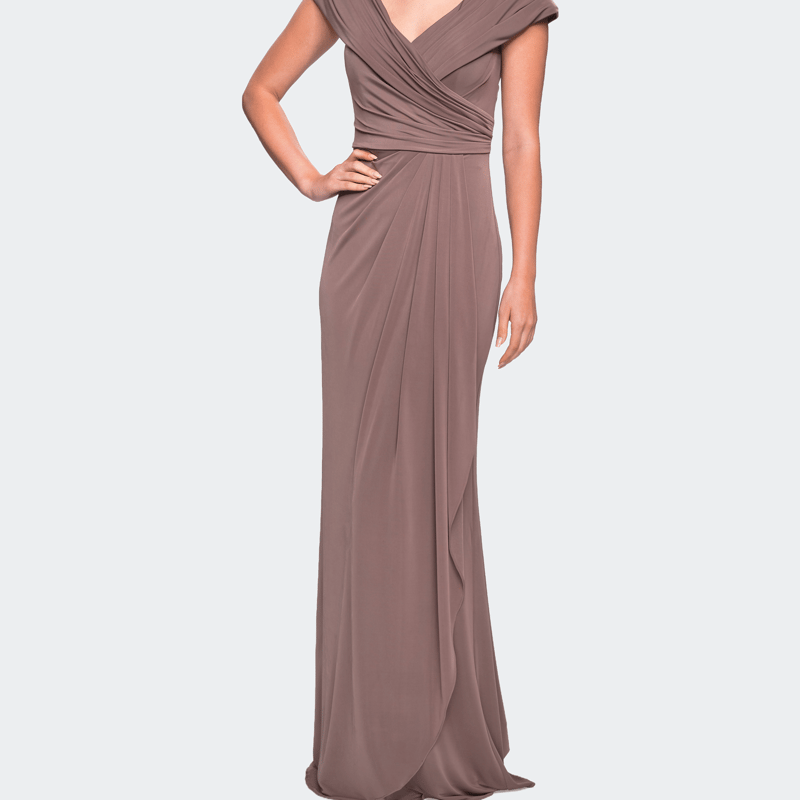 Shop La Femme Ruched Jersey Long Gown With V-neckline In Brown