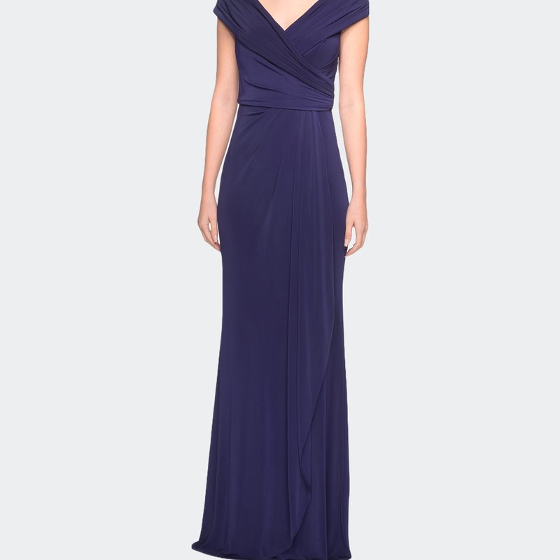 Shop La Femme Ruched Jersey Long Gown With V-neckline In Blue