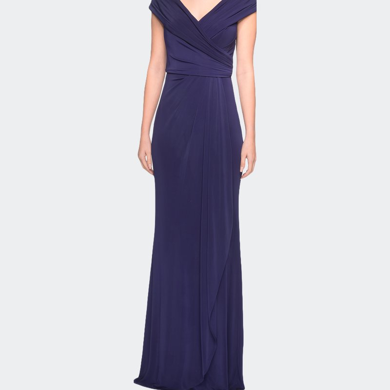 La Femme Ruched Jersey Long Gown With V-neckline In Navy