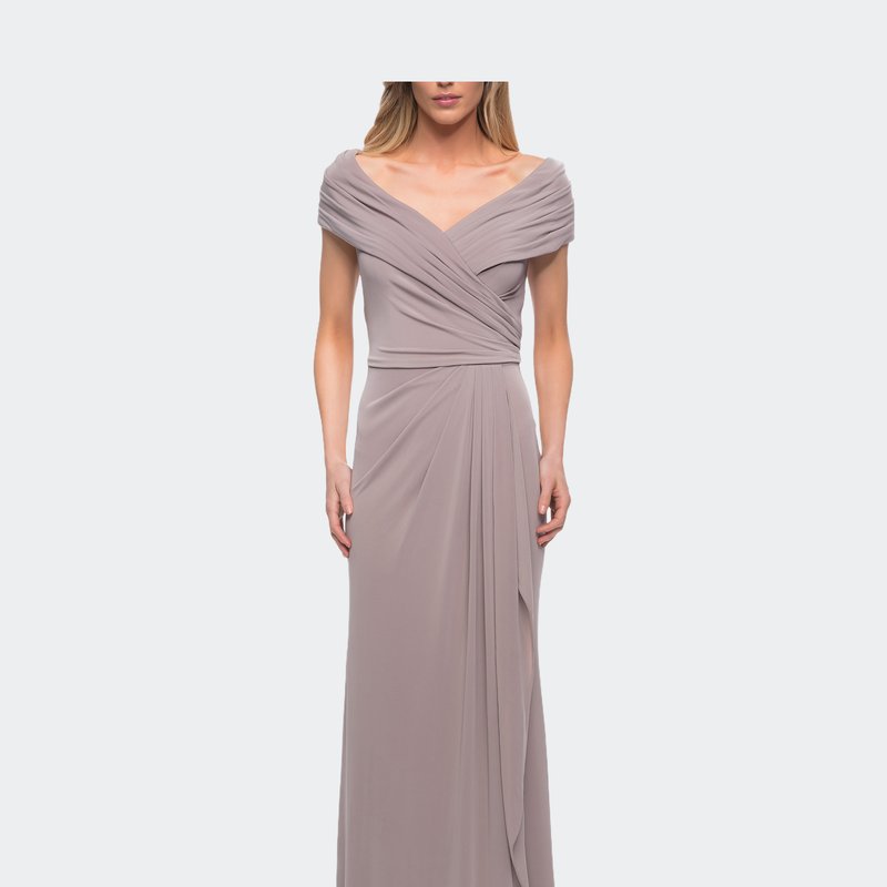 Shop La Femme Ruched Jersey Long Gown With V-neckline In Grey