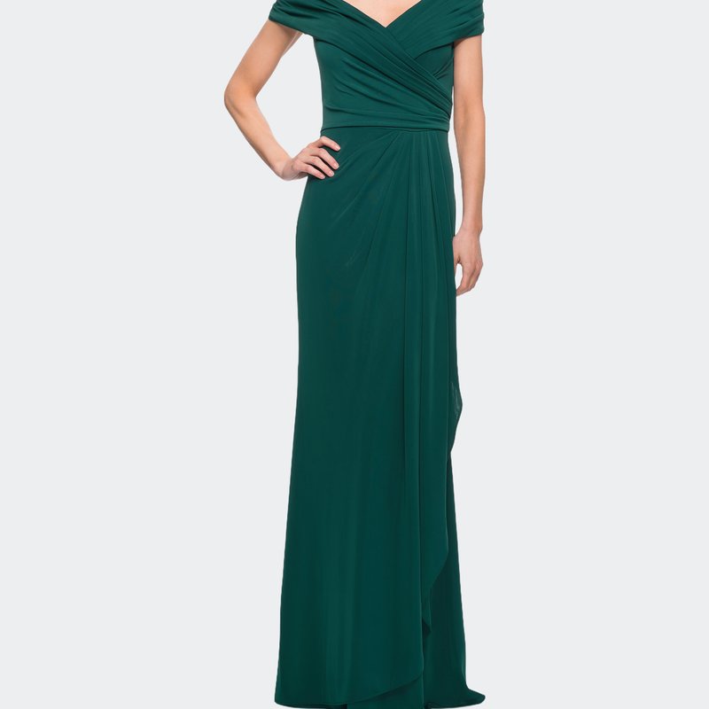 La Femme Ruched Jersey Long Gown With V-neckline In Emerald