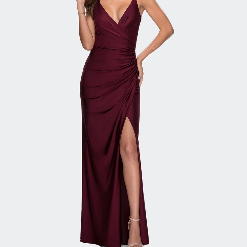 Shop La Femme Ruched Jersey Prom Dress With Tie Up Back In Purple