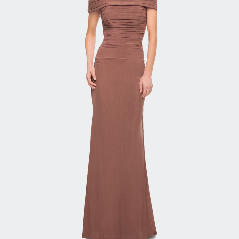 La Femme Ruched Off The Shoulder Net Jersey Evening Dress In Cocoa
