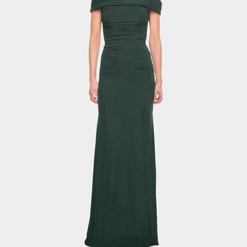 La Femme Ruched Off The Shoulder Net Jersey Evening Dress In Emerald