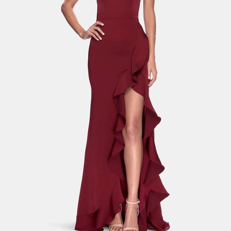 La Femme Ruffle Prom Dress With Scoop Neck And Lace Up Back In Wine