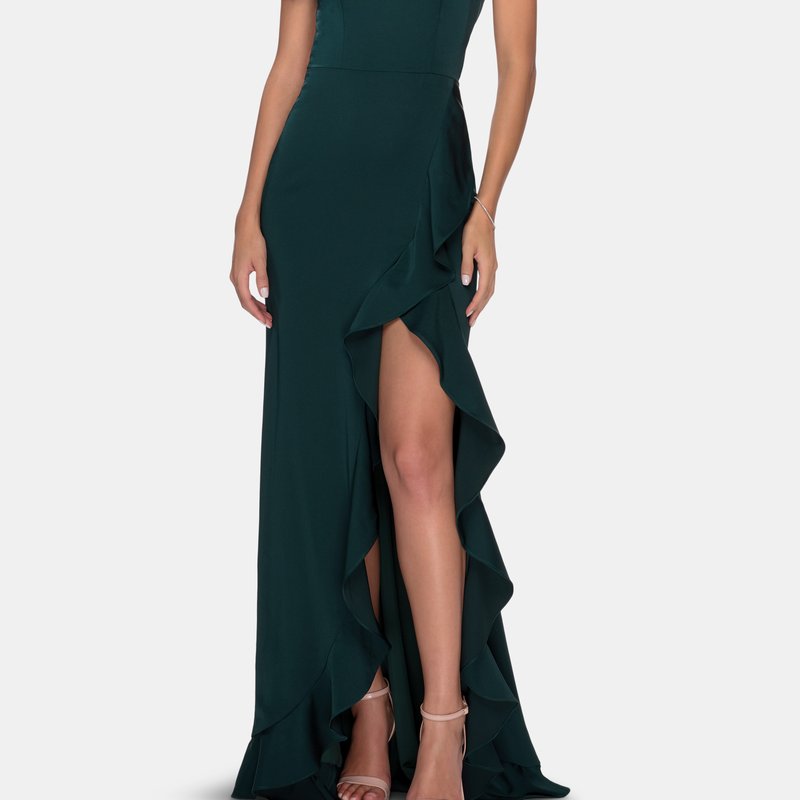 La Femme Ruffle Prom Dress With Scoop Neck And Lace Up Back In Emerald