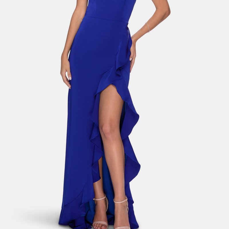 La Femme Ruffle Prom Dress With Scoop Neck And Lace Up Back In Royal Blue