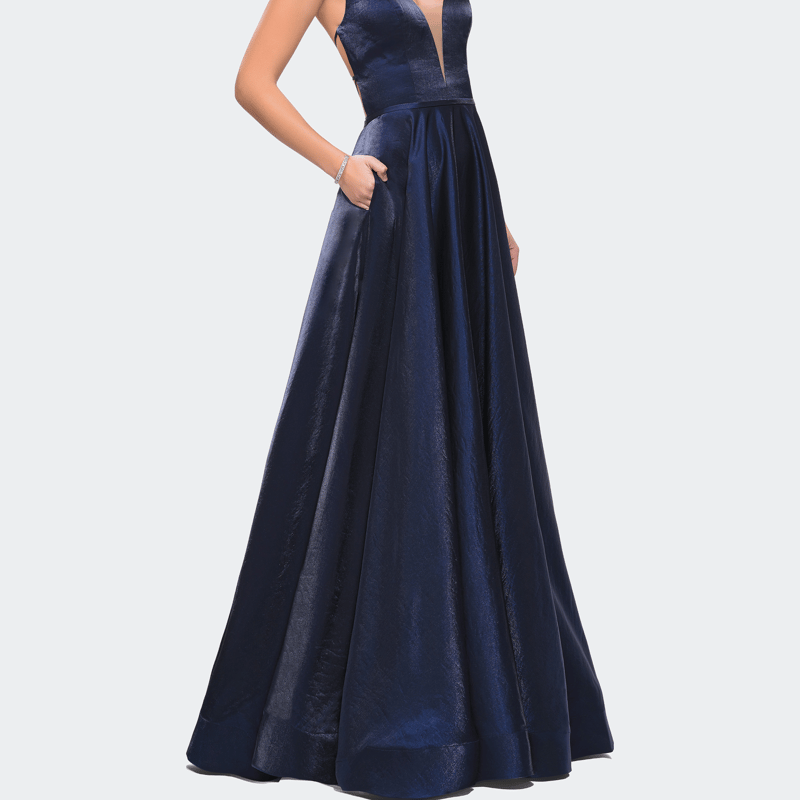 La Femme Satin A-line Gown With Deep V Sweetheart Neckline In Blue