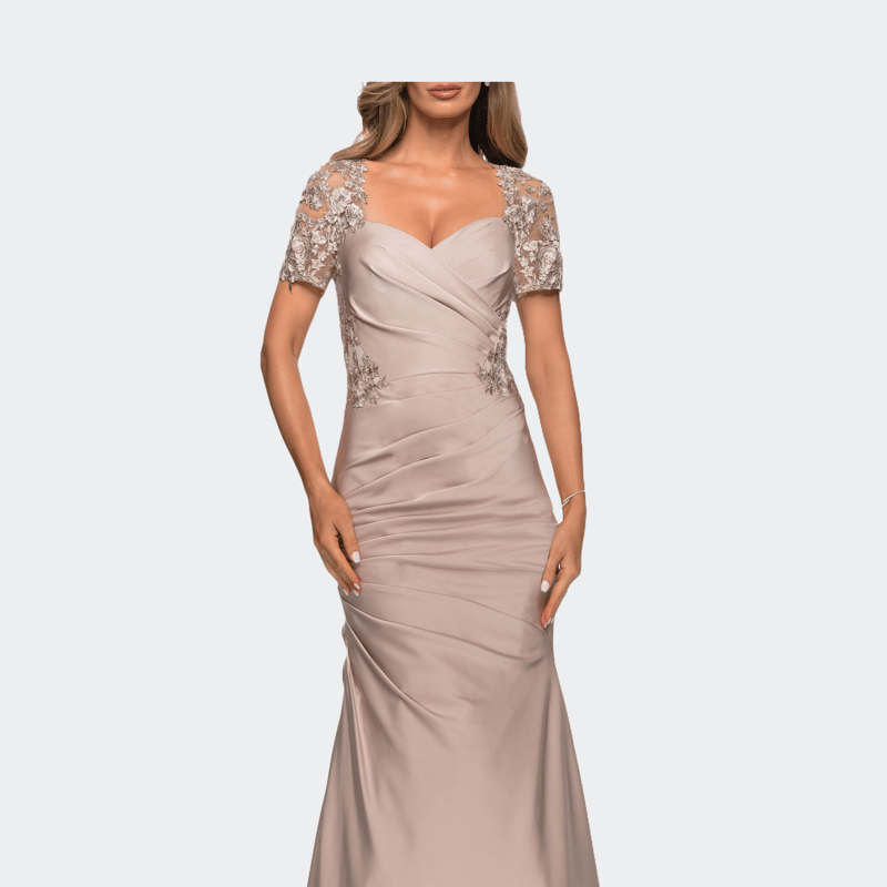 La Femme Satin Evening Dress With Lace And Scoop Neckline In Frost Rose