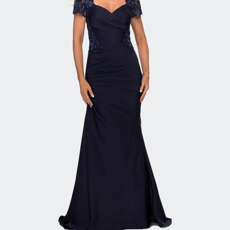 La Femme Satin Evening Dress With Lace And Scoop Neckline In Navy
