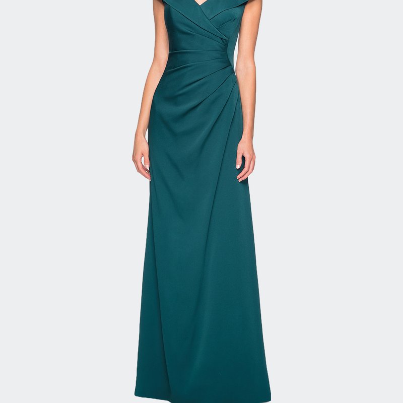 La Femme Satin Floor Length Gown With Ruched Detailing In Green