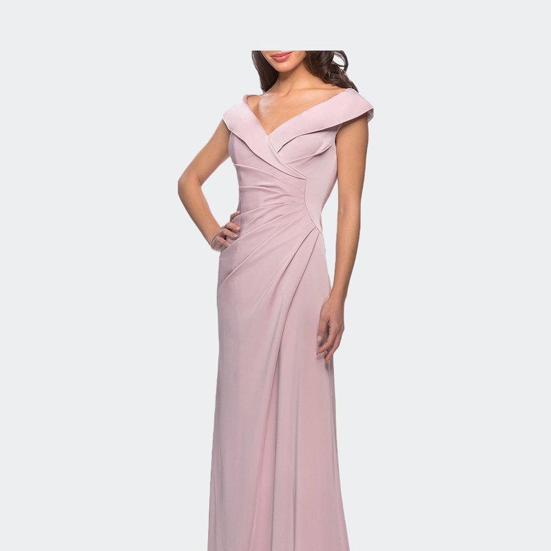 La Femme Satin Floor Length Gown With Ruched Detailing In Pink