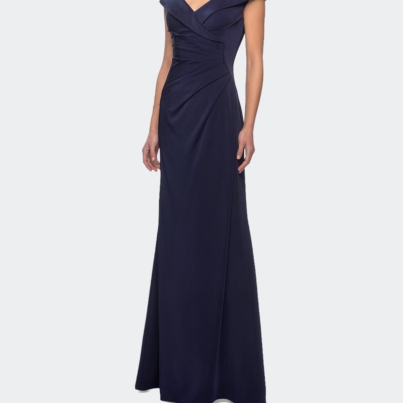 La Femme Satin Floor Length Gown With Ruched Detailing In Navy