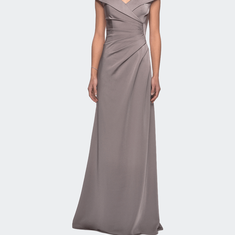 Shop La Femme Satin Floor Length Gown With Ruched Detailing In Grey