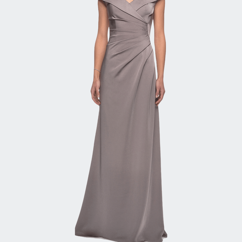 La Femme Satin Floor Length Gown With Ruched Detailing In Pewter