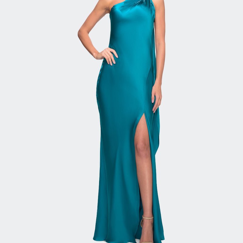 La Femme Satin Gown With Slit And One Shoulder Detail In Blue