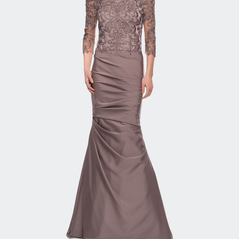 Shop La Femme Satin Mermaid Gown With Off The Shoulder Lace Bodice In Brown