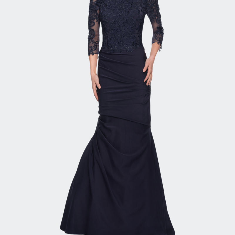 La Femme Satin Mermaid Gown With Off The Shoulder Lace Bodice In Navy