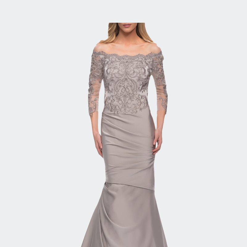 La Femme Satin Mermaid Gown With Off The Shoulder Lace Bodice In Silver