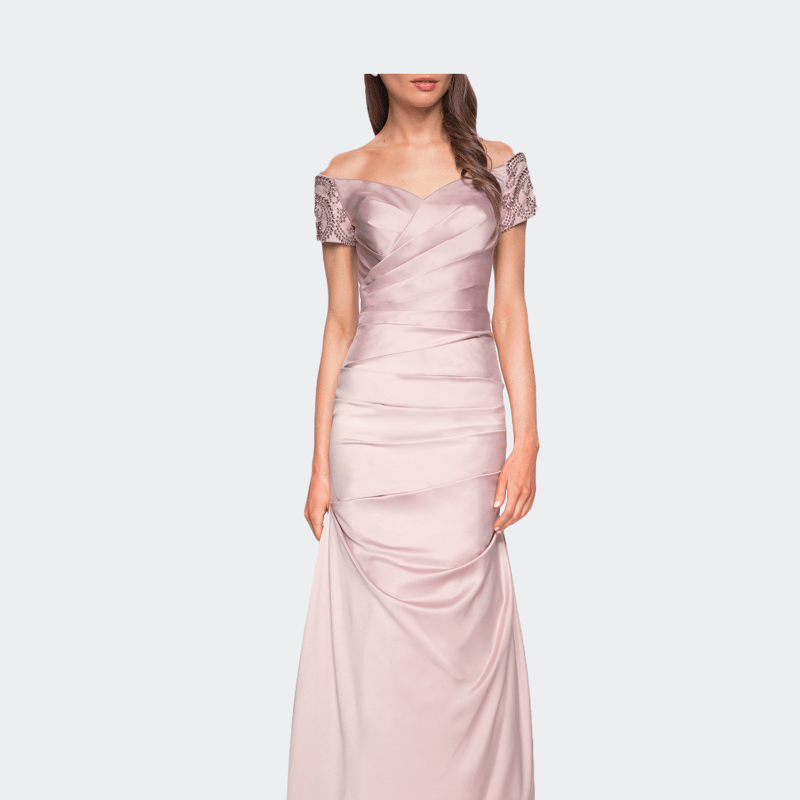 La Femme Satin Off The Shoulder Dress With Beaded Sleeves In Pink