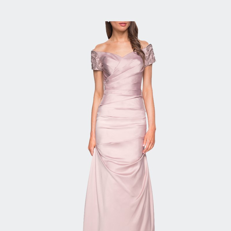 La Femme Satin Off The Shoulder Dress With Beaded Sleeves In Champagne