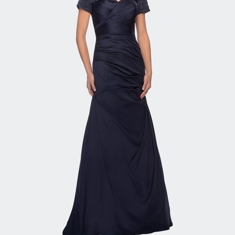 La Femme Satin Off The Shoulder Dress With Beaded Sleeves In Navy