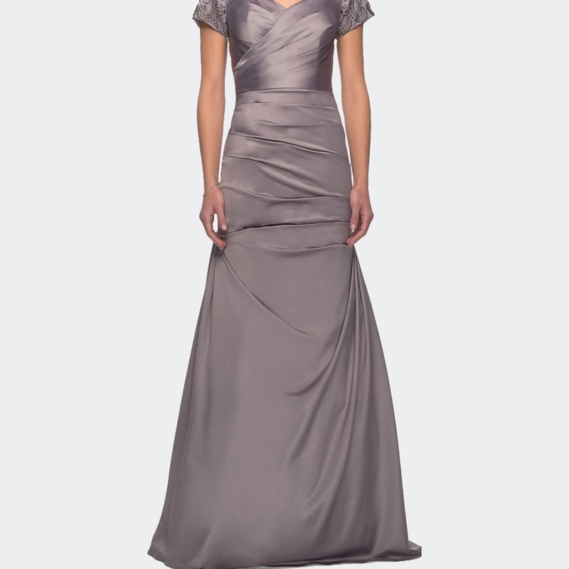 La Femme Satin Off The Shoulder Dress With Beaded Sleeves In Silver