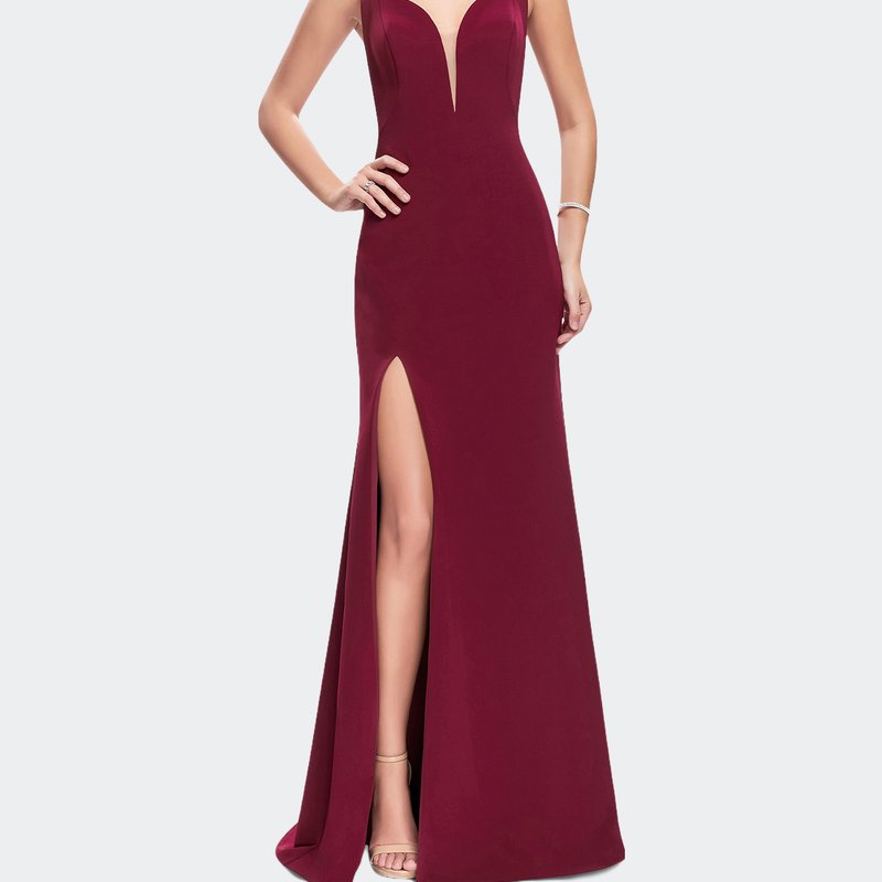 La Femme Satin Prom Dress With Open Back And Beaded Straps In Red