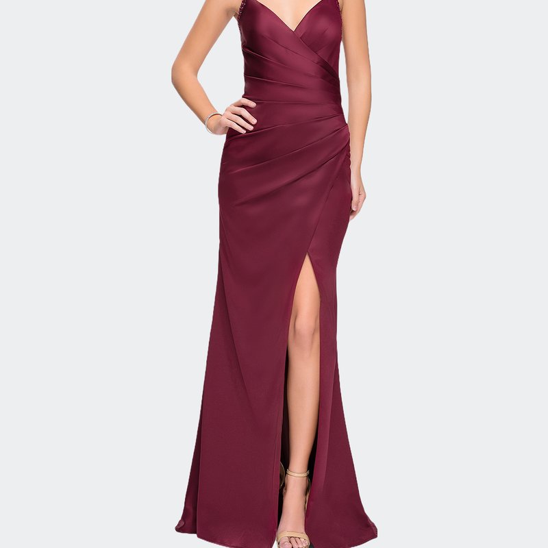 La Femme Satin Prom Dress With Ruching And Open Strappy Back In Red