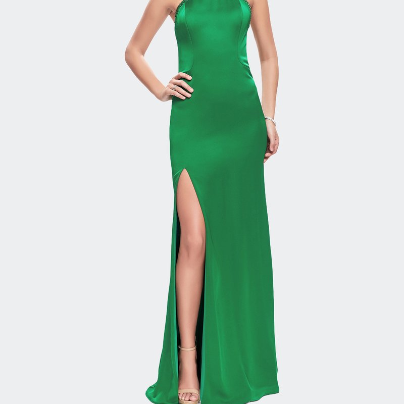 La Femme Satin Prom Gown With Beaded Straps And Open Back In Green