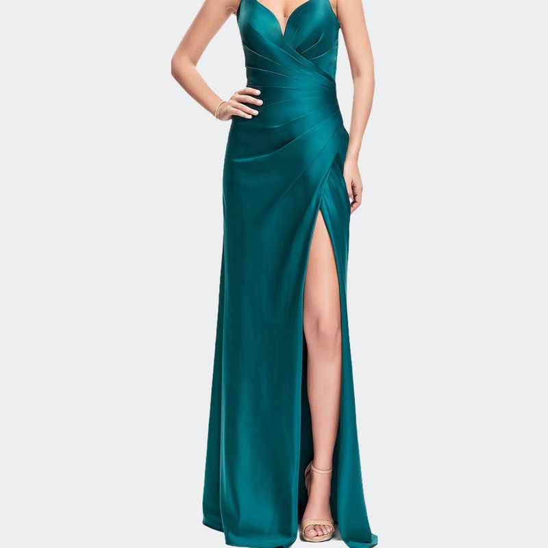 La Femme Satin Slip Prom Dress With Strappy Back In Green