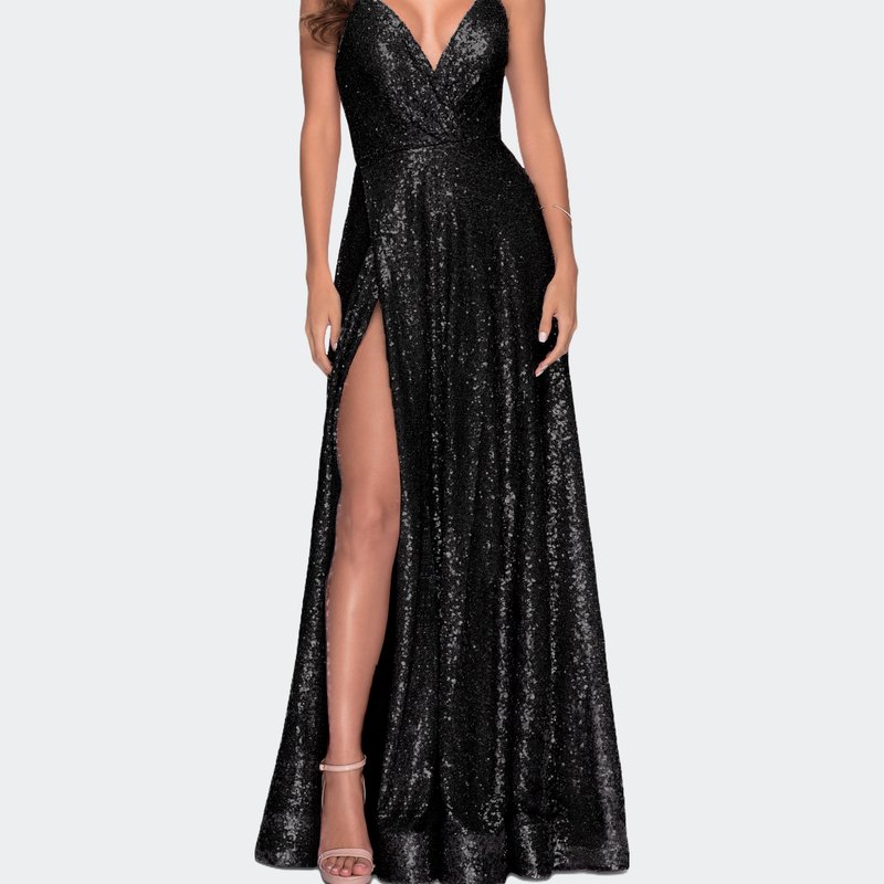 La Femme Sequin A-line Prom Dress With Slit And Pockets In Black