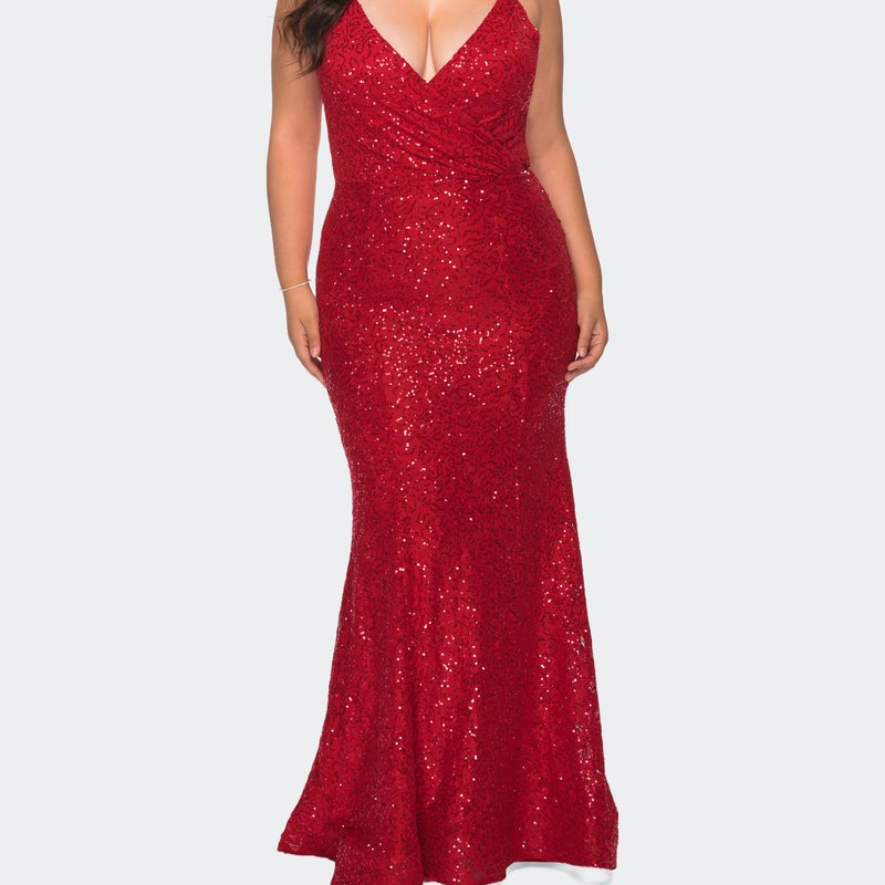 La Femme Sequin Curvy Dress With Cut Out Open Back In Red