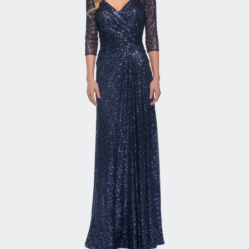 La Femme Sequin Evening Gown With Knot Detail On Front In Blue