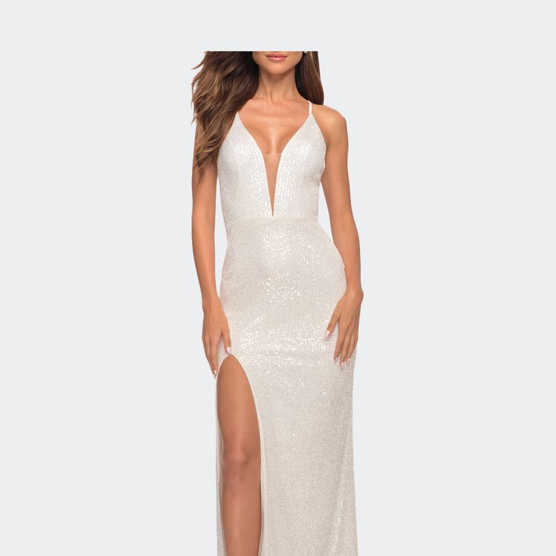 La Femme Lace Up Back Sequin Gown In White