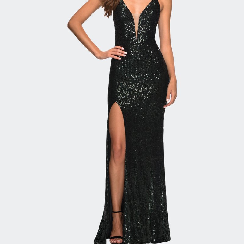 La Femme Sequin Gown With Deep V Neckline And Lace Up Back In Dark Emerald