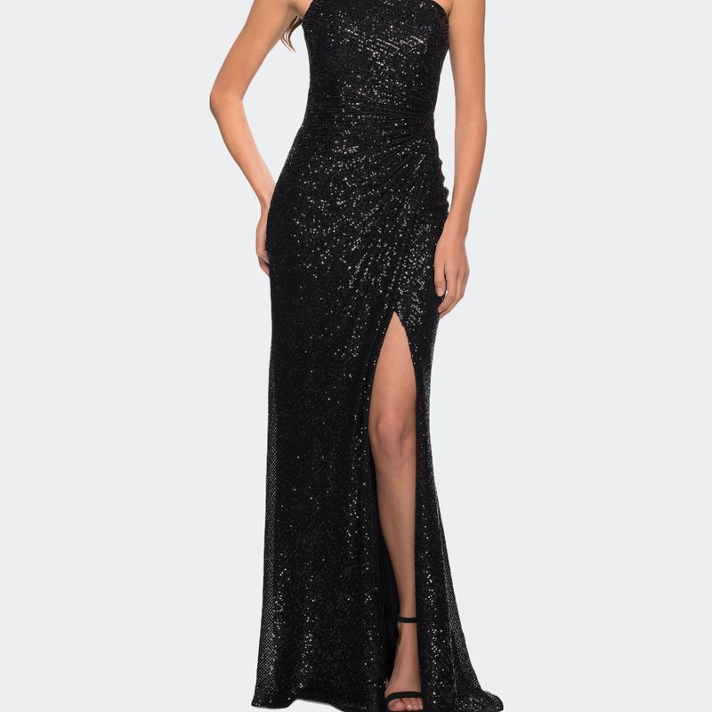 Shop La Femme Sequin Gown With One Shoulder Top And Open Back In Black