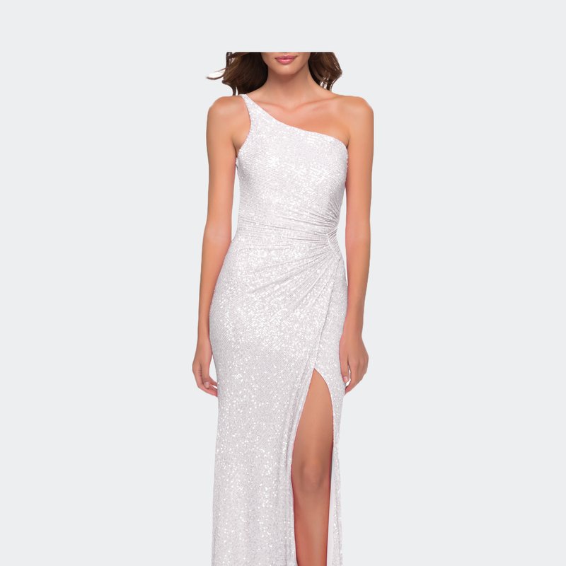 Shop La Femme Sequin Gown With One Shoulder Top And Open Back In White