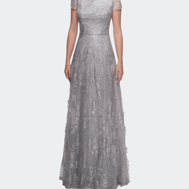 Shop La Femme Sequin Lace A-line Gown With Sheer Short Sleeves In Grey