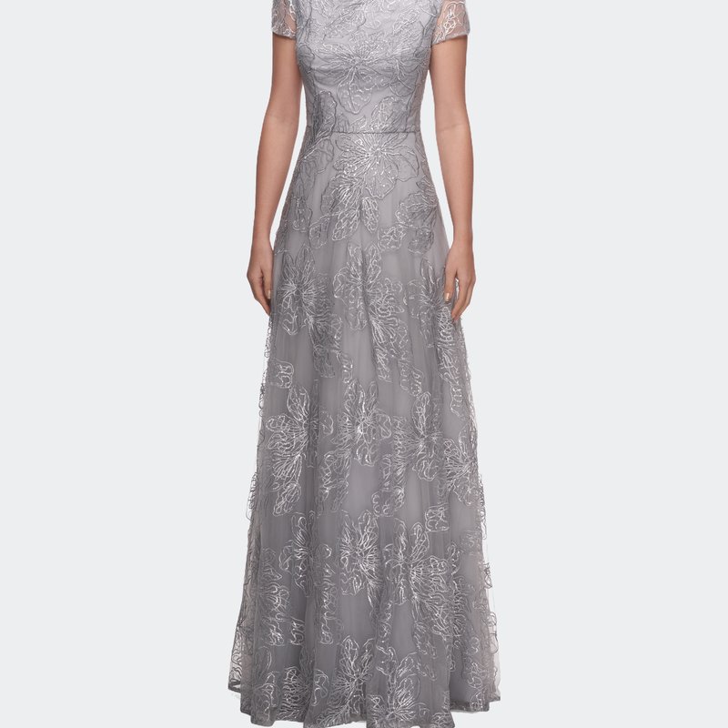 La Femme Sequin Lace A-line Gown With Sheer Short Sleeves In Silver