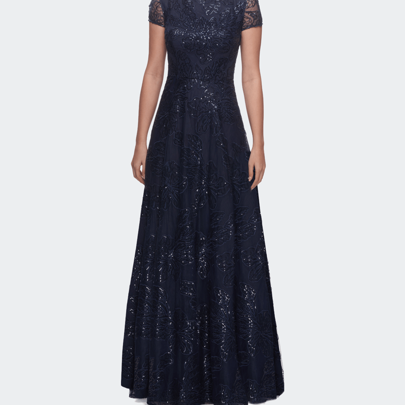 La Femme Sequin Lace A-line Gown With Sheer Short Sleeves In Blue