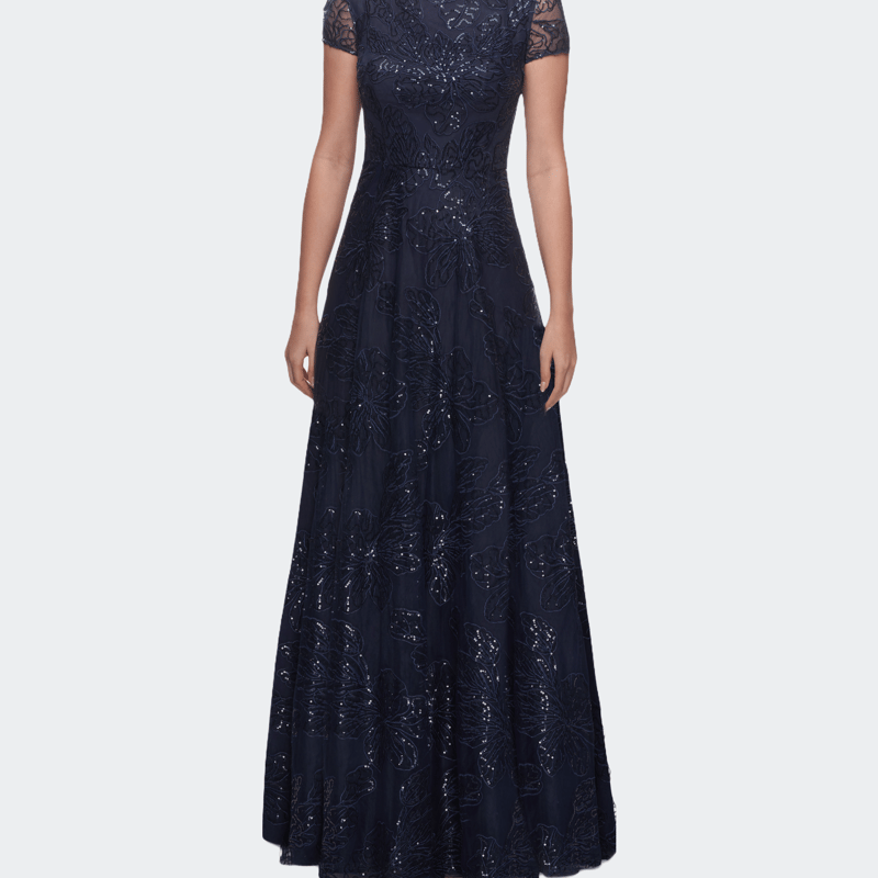 La Femme Sequin Lace A-line Gown With Sheer Short Sleeves In Navy