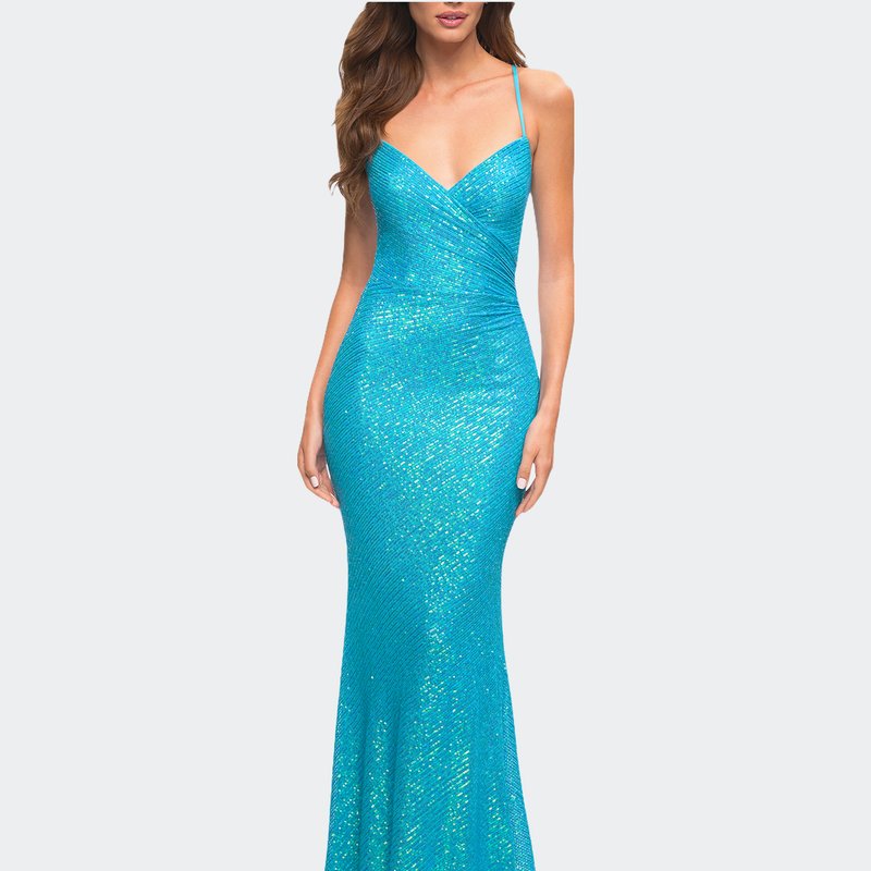 La Femme Sequin Long Prom Dress In Vibrant Bright Colors In Aqua