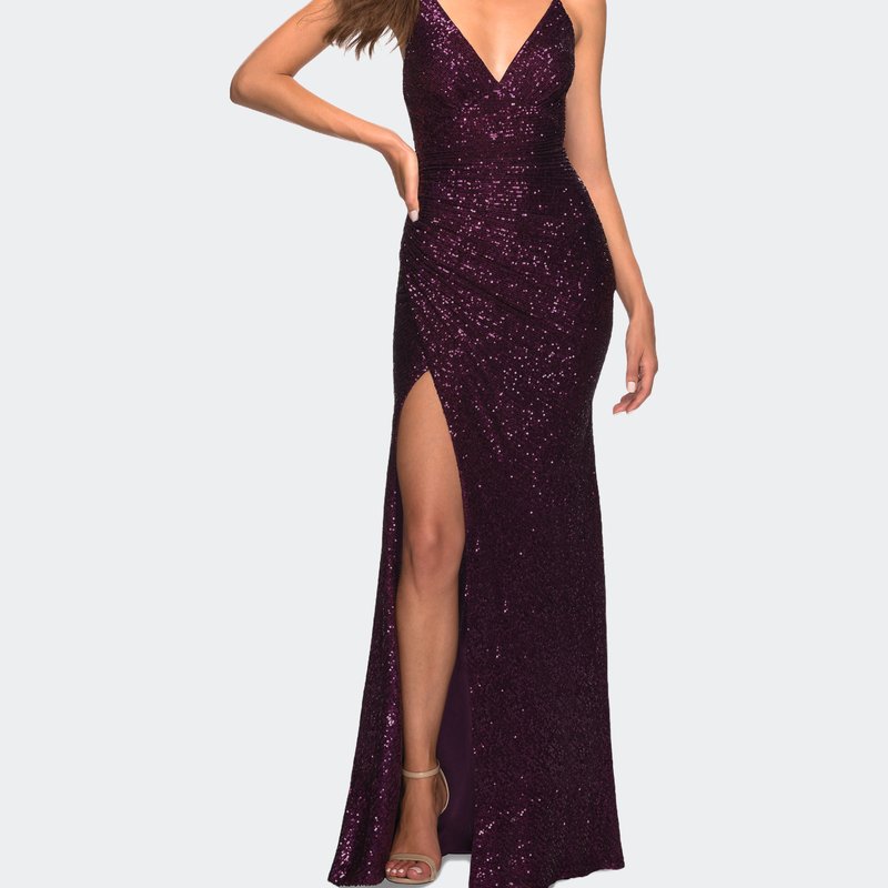 La Femme Sequin Long Prom Dress With Wrap Style Front In Dark Berry