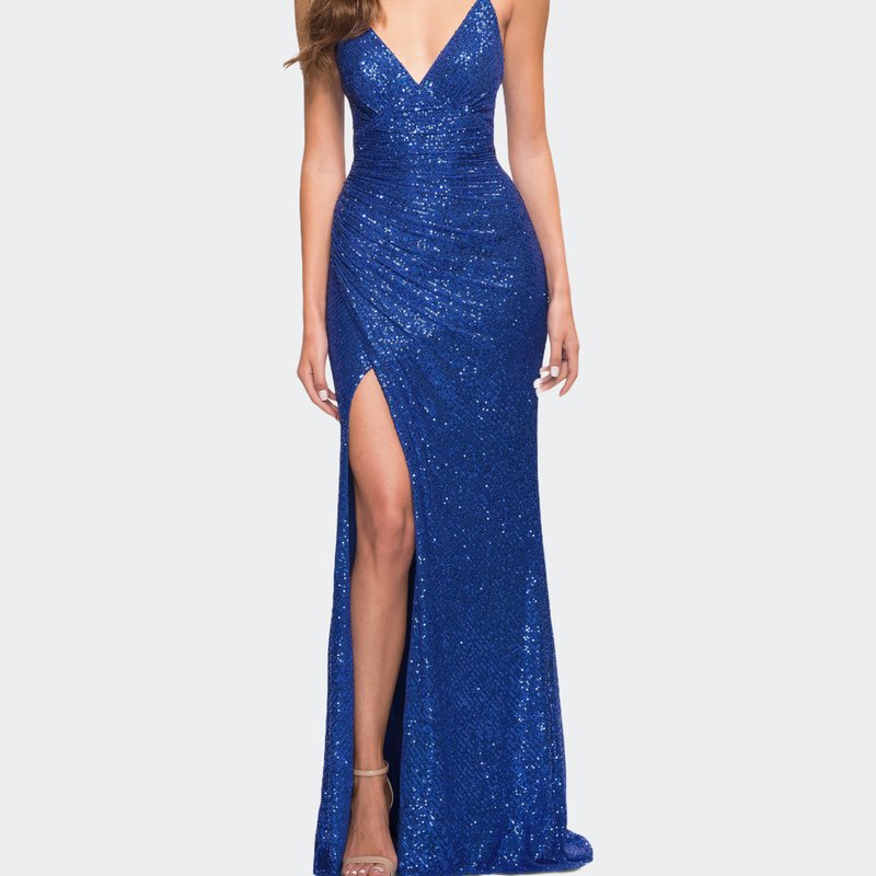 Shop La Femme Sequin Long Prom Dress With Wrap Style Front In Blue